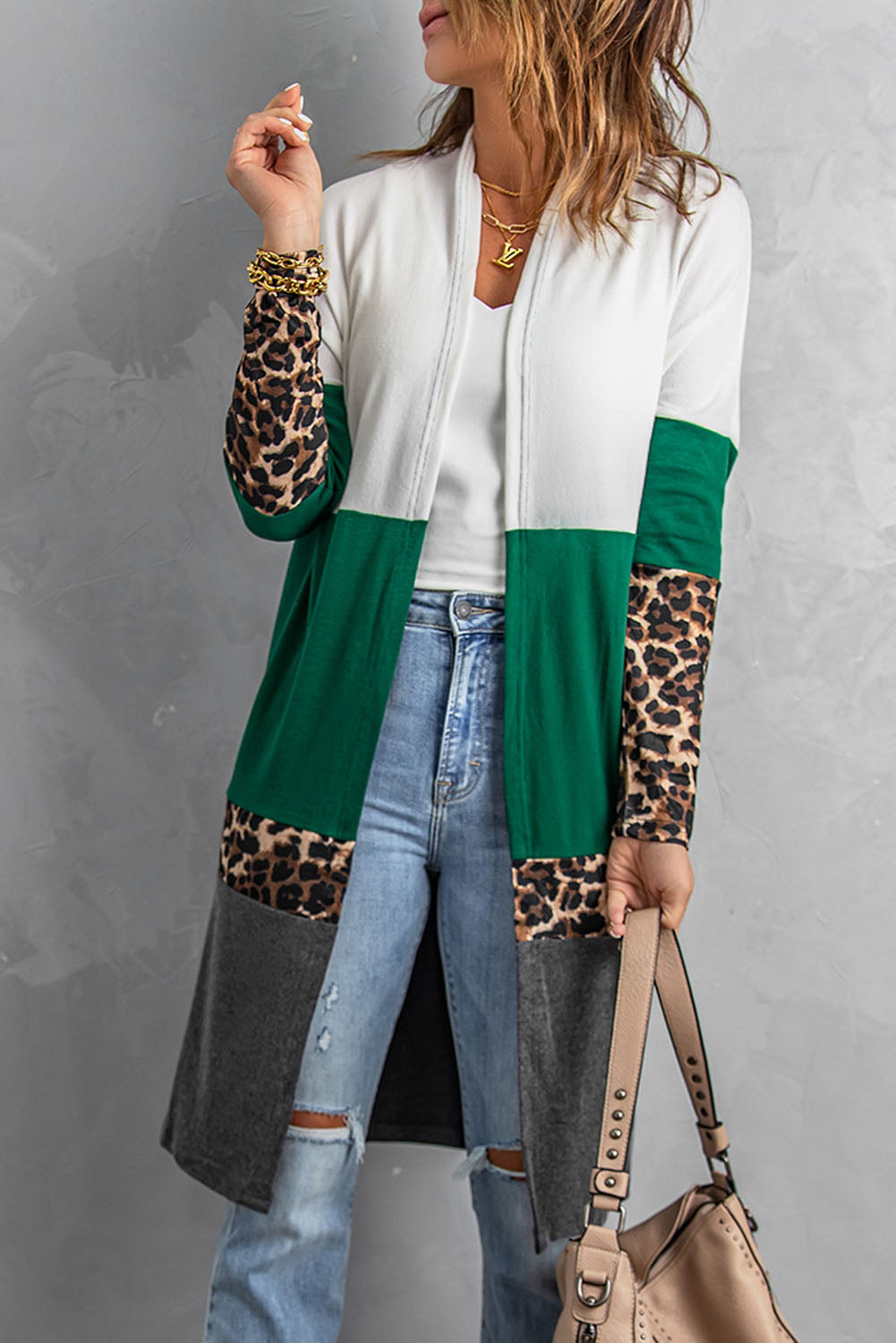 swvws Leopard Color Block Open Front Longline Cardigan