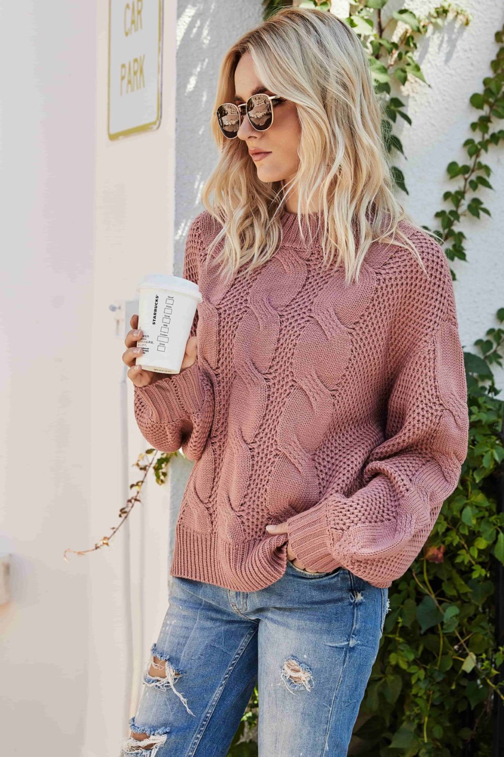 swvws Mixed Knit Crewneck Drop Shoulder Sweater