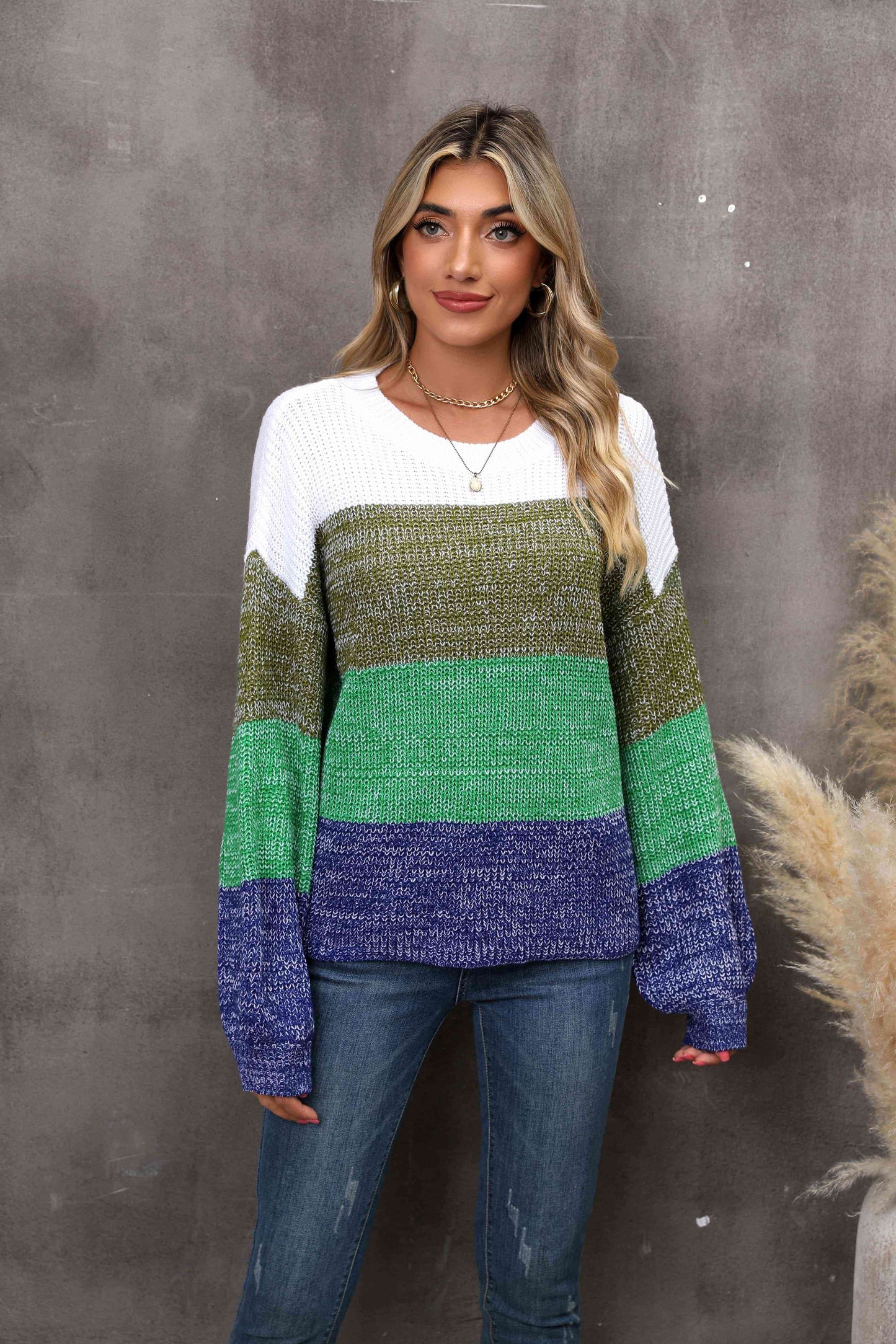 swvws Color Block Round Neck Dropped Shoulder Sweater