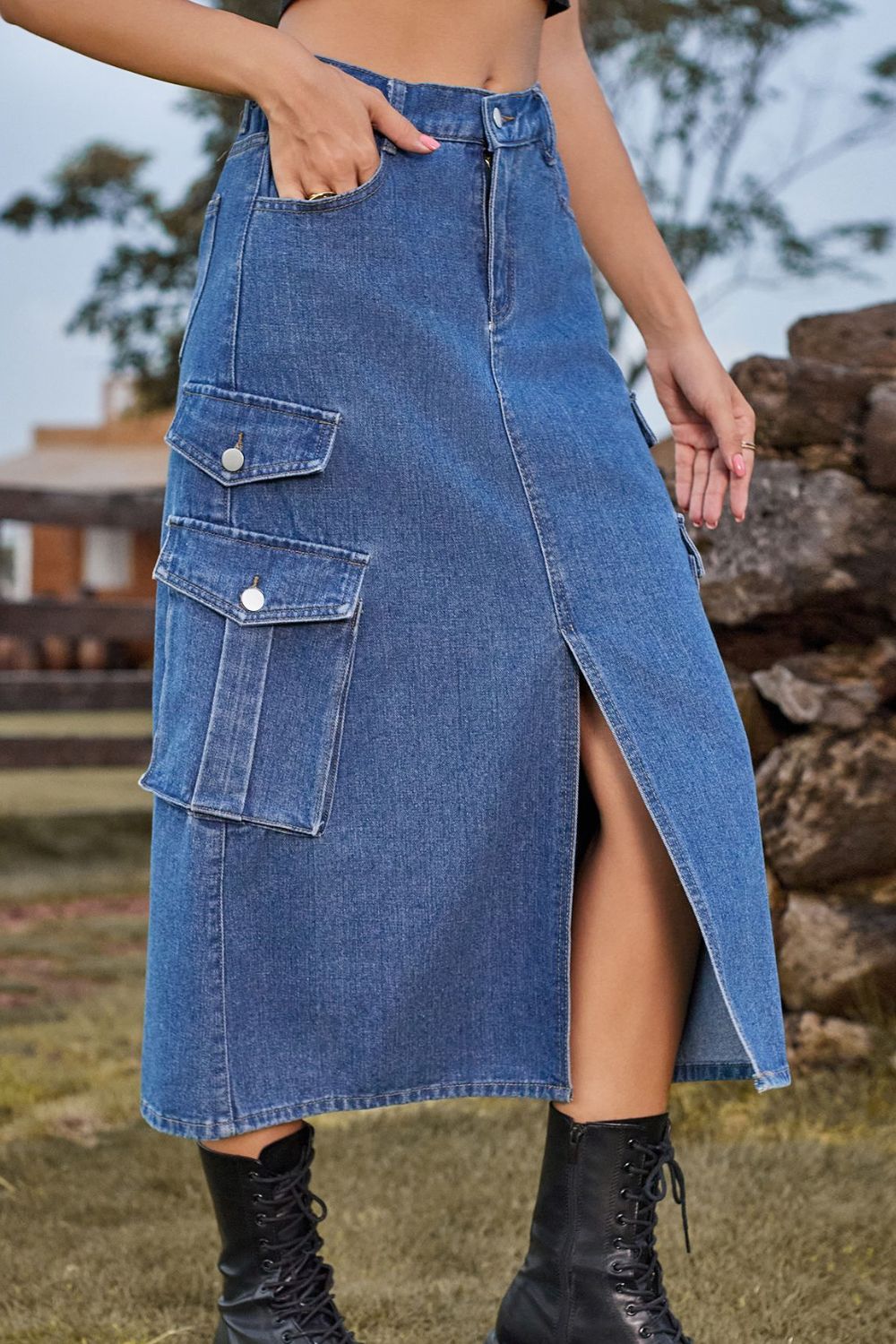 themeisles Slit Front Midi Denim Skirt with Pockets