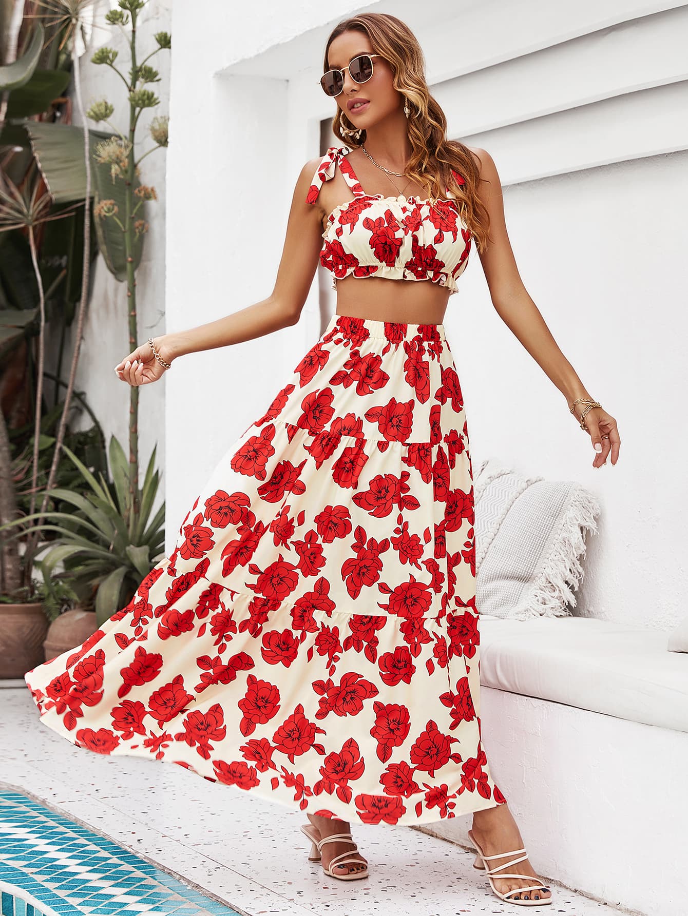 swvws Floral Tie Shoulder Top and Tiered Maxi Skirt Set