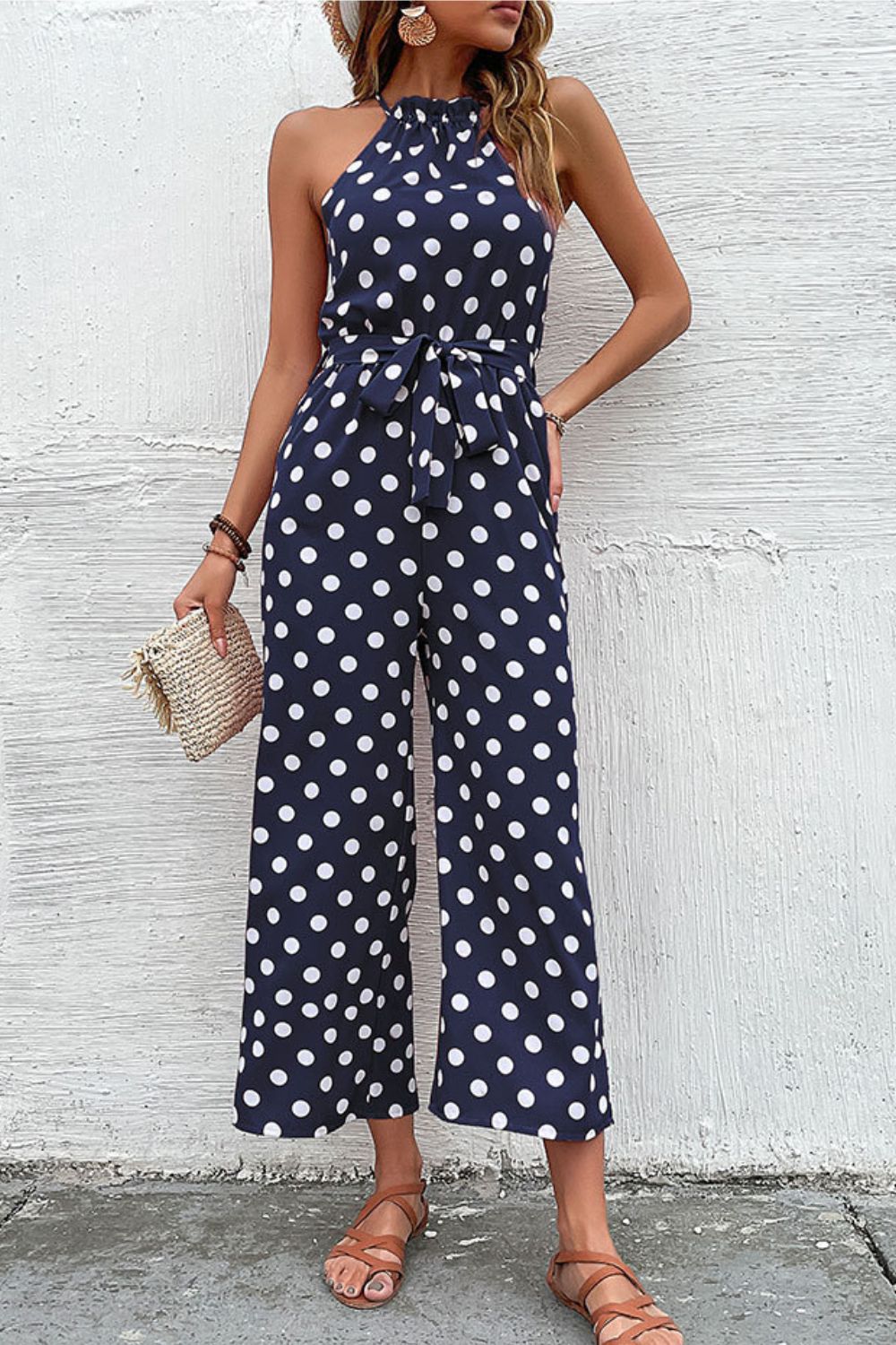 swvws Polka Dot Grecian Wide Leg Jumpsuit