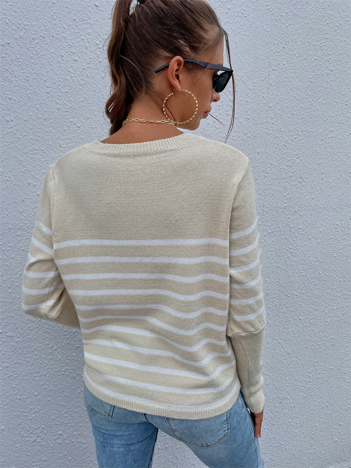 swvws Striped Decorative Button Knit Top