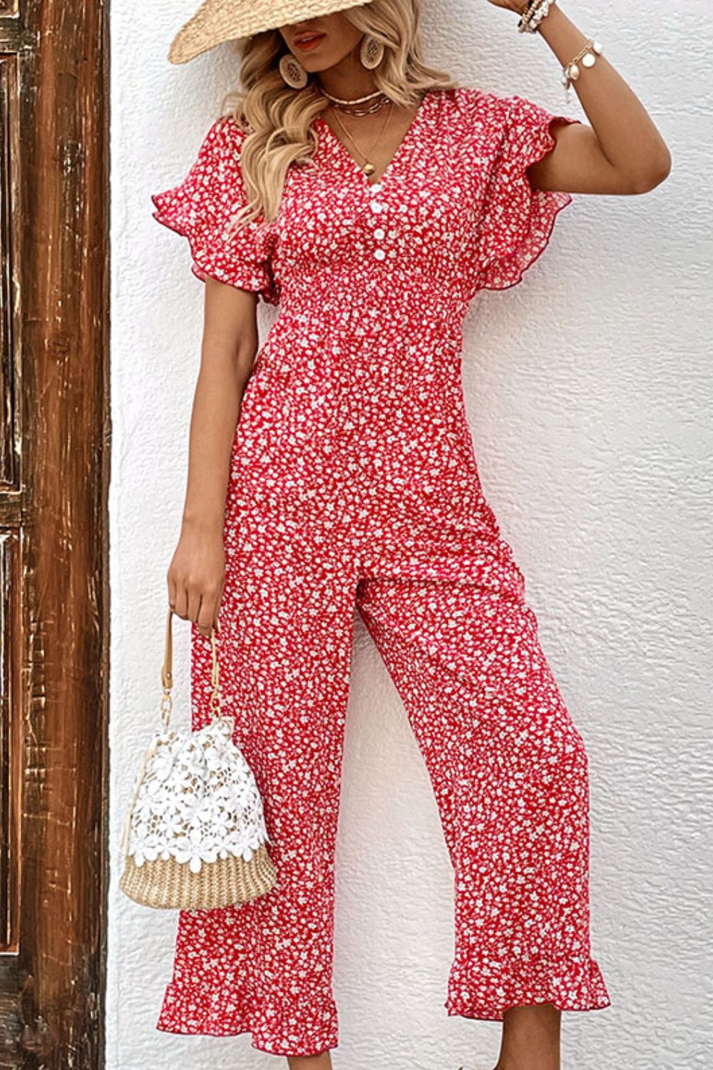 swvws Printed Tie Back Ruffled Jumpsuit