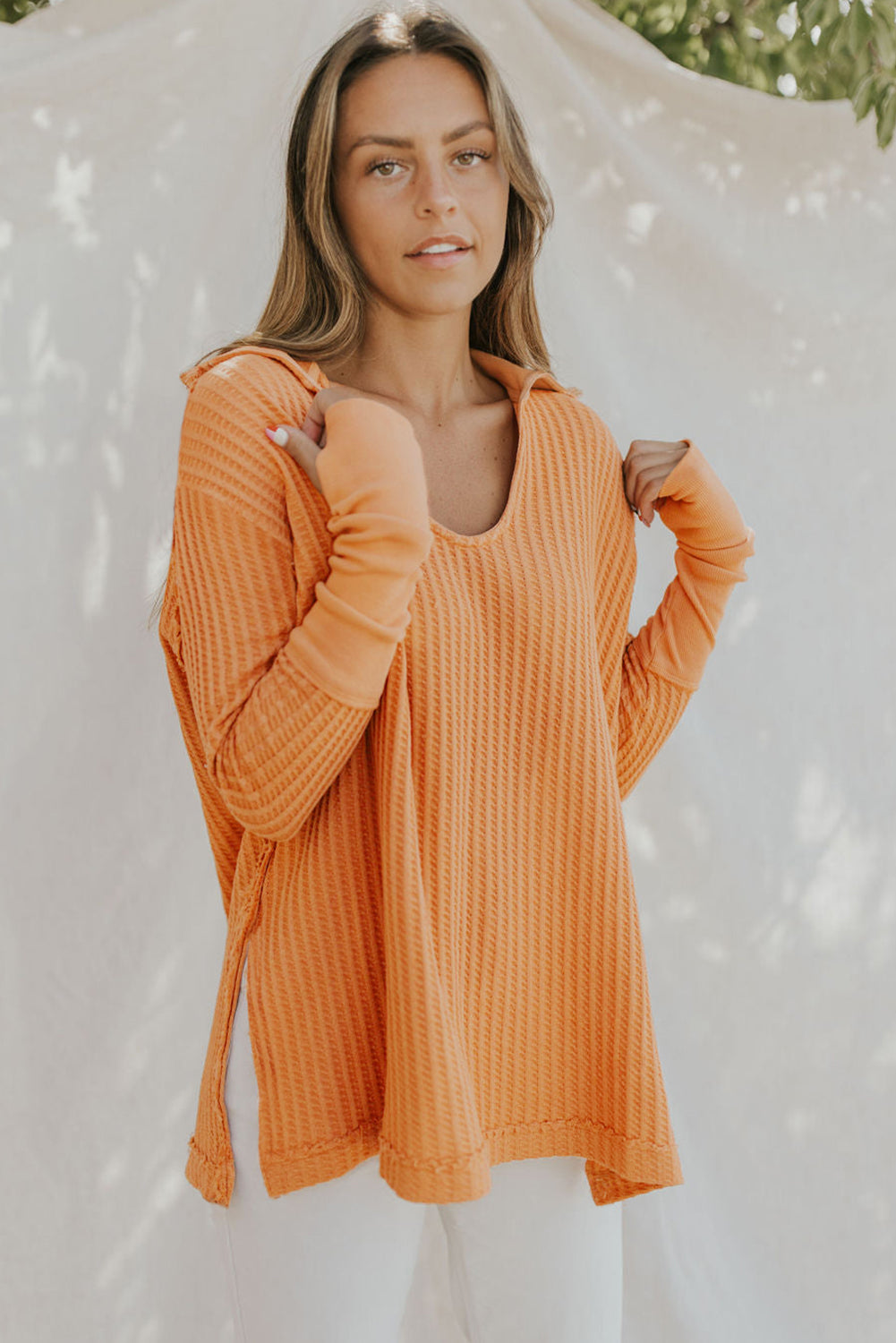 swvws Waffle-Knit Slit Drop Shoulder Top