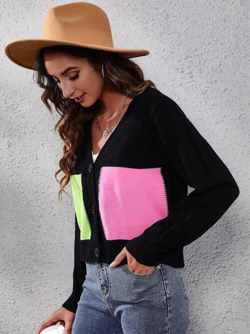 swvws Color Block Button Up Long Sleeve Cardigan