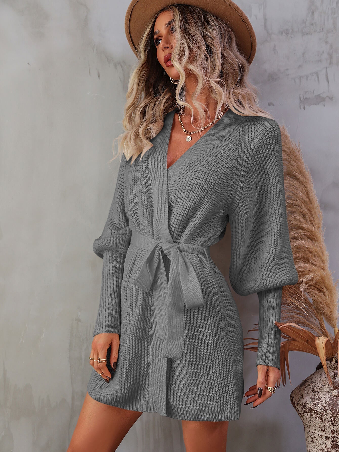 swvws Belted Surplice Lantern Sleeve Wrap Sweater Dress