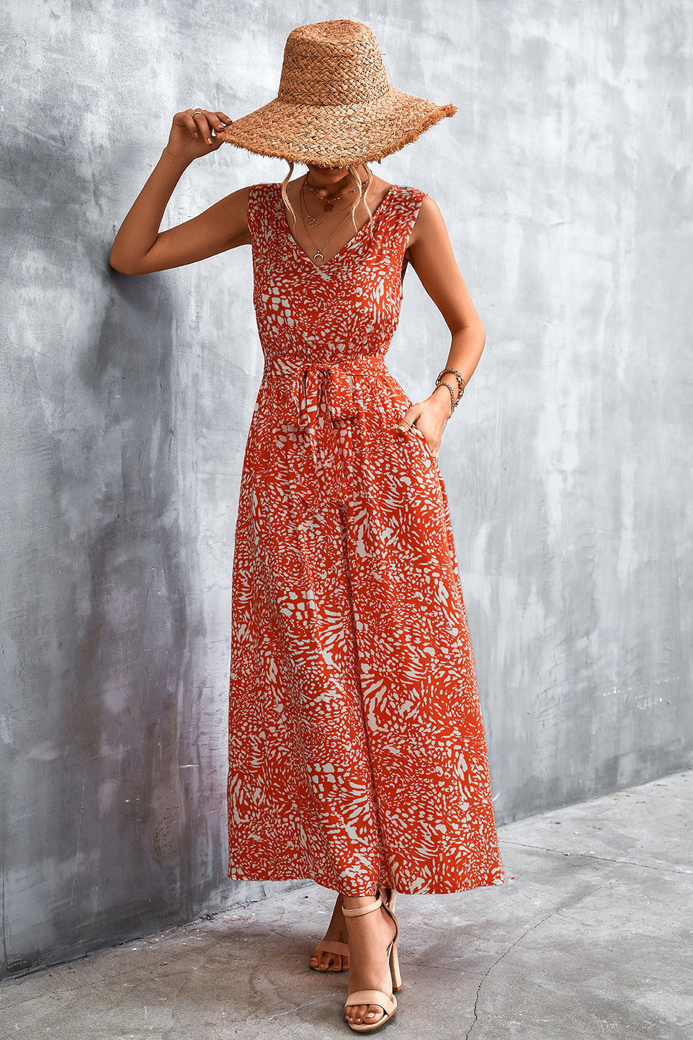 swvws Printed V-Neck Tie Waist Maxi Dress