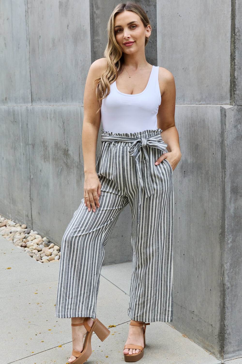 swvws Heimish Find Your Path Full Size Paperbag Waist Striped Culotte Pants