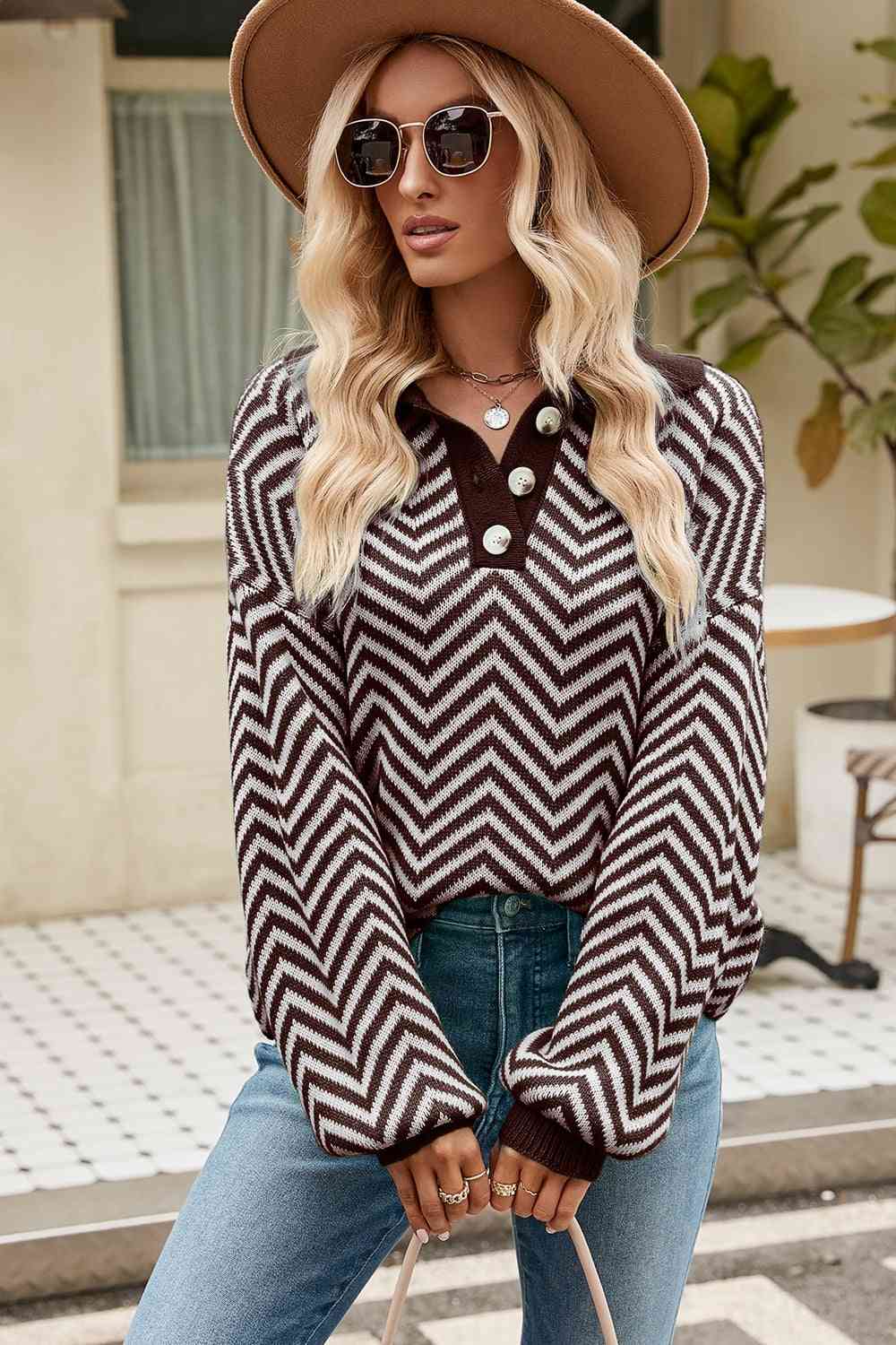 swvws Striped Collared Neck Buttoned Pullover Sweater