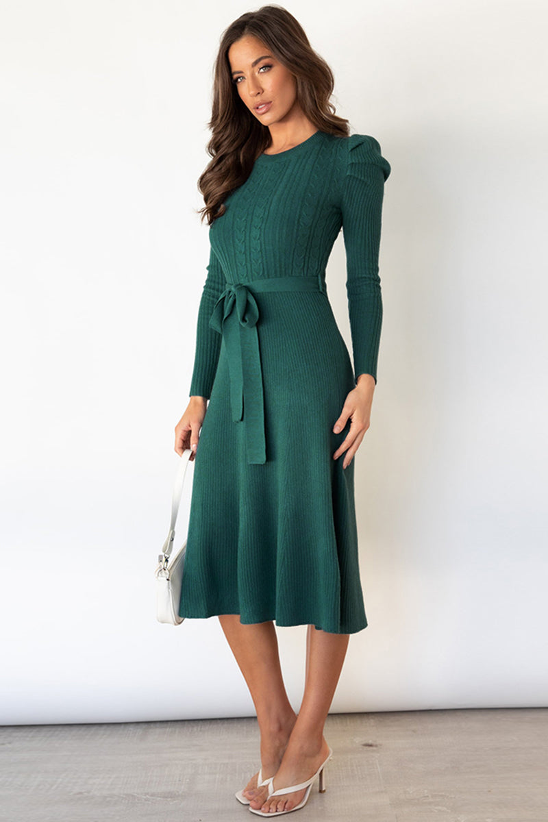 swvws Round Neck Long Sleeve Tie Waist Sweater Dress