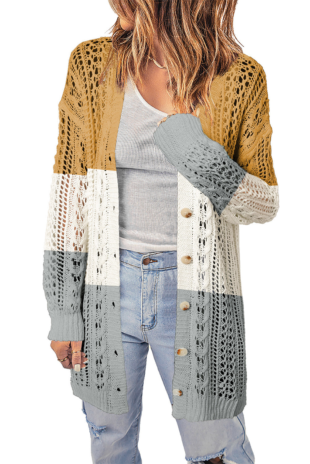 swvws Openwork Ribbed Cuff Longline Cardigan