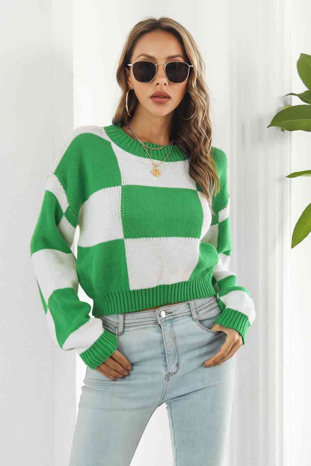 swvws Color Block Round Neck Dropped Shoulder Sweater