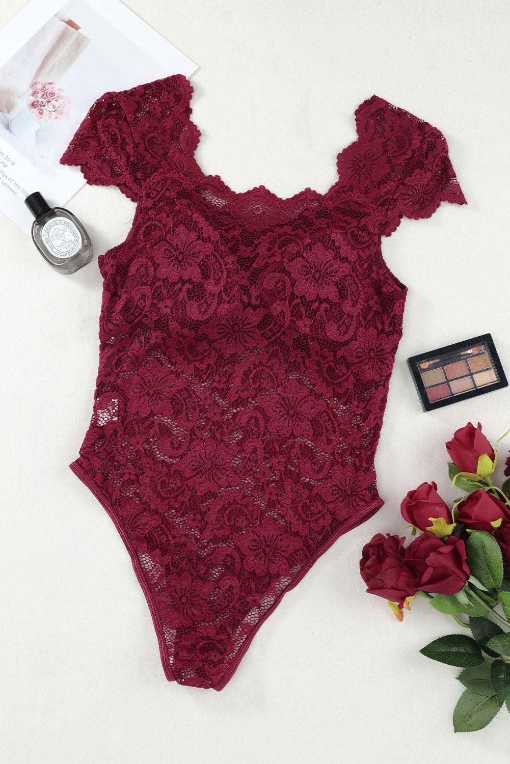 swvws Ruched Sweetheart Neck Lace Bodysuit