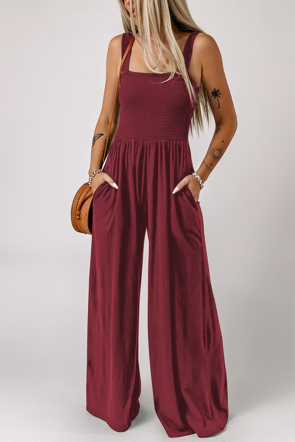 swvws Smocked Square Neck Wide Leg Jumpsuit with Pockets