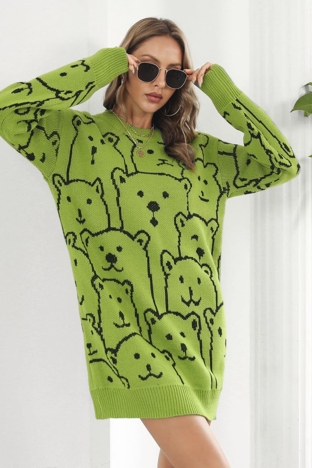 swvws Bear Pattern Round Neck Sweater Dress