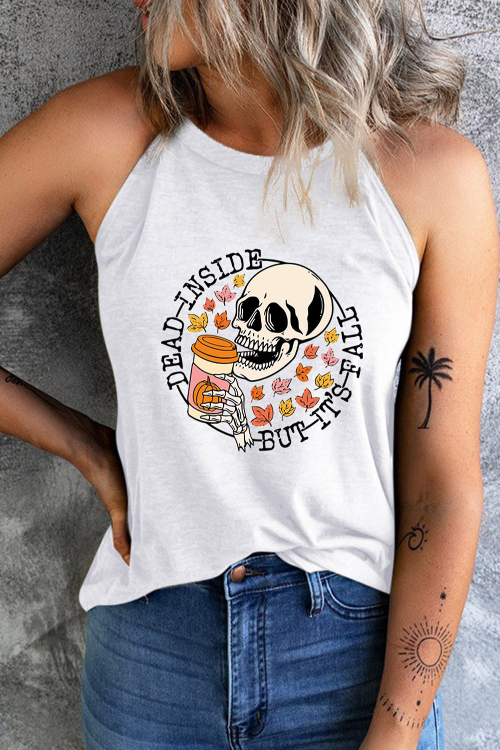 swvws Round Neck DEAD INSIDE BUT IT'S FALL Graphic Tank Top