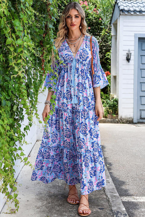 swvws Deep V Three-Quarter Sleeve Maxi Dress