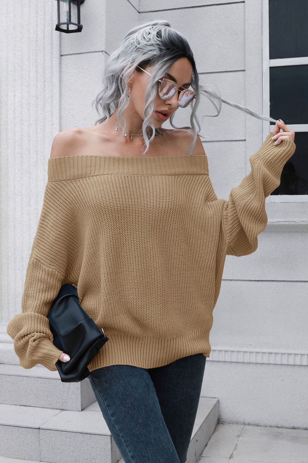 swvws Off-Shoulder Ribbed Long Sleeve Pullover Sweater