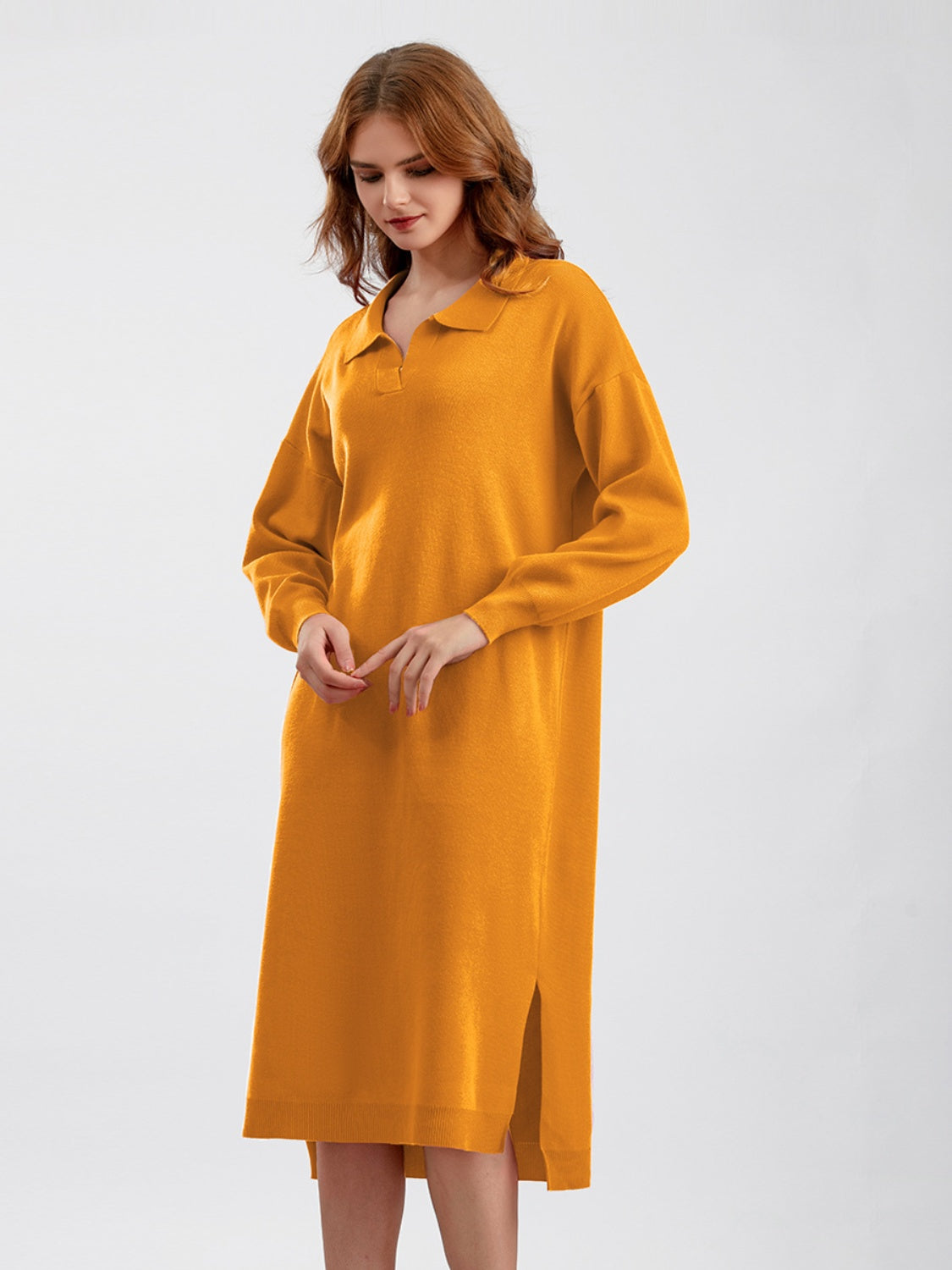 swvws Johnny Collar Long Sleeve Slit Sweater Dress