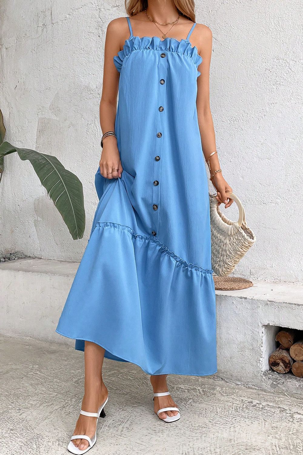 swvws Ruffle Trim Buttoned Sleeveless Maxi Dress