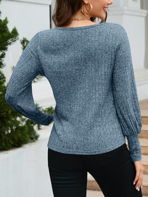 swvws Ribbed Round Neck Lantern Sleeve Knit Top