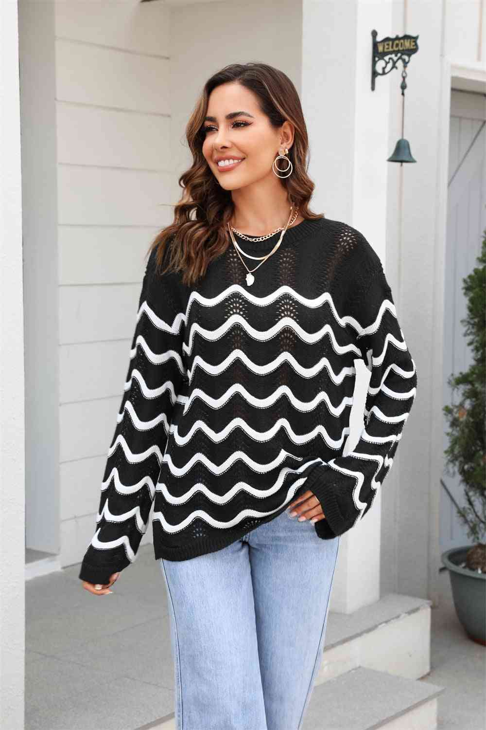 swvws Wave Pattern Round Neck Long Sleeve Sweater