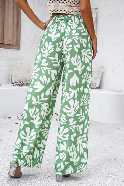 swvws Smocked Printed Wide Leg Pants with Pockets