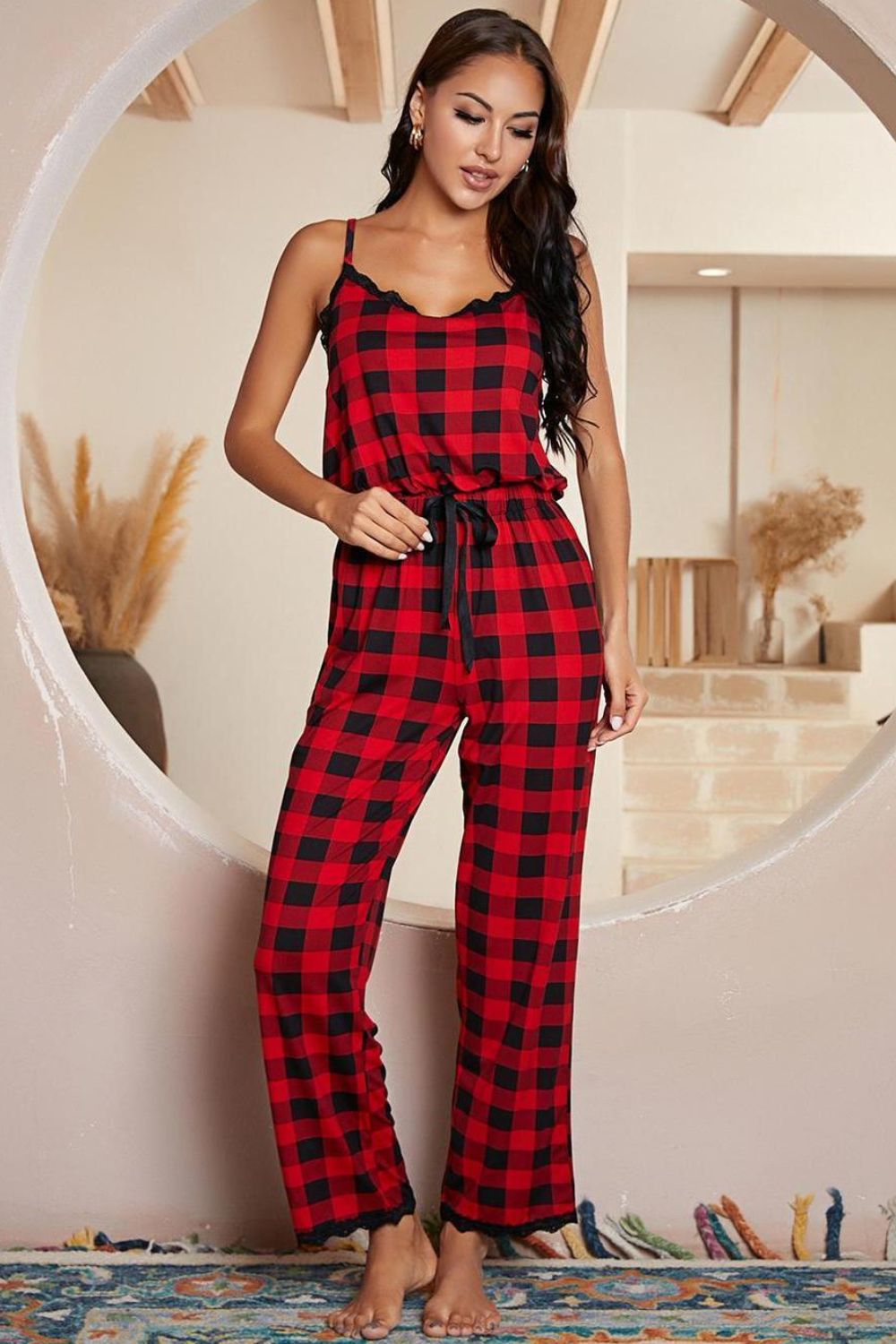 swvws Plaid Lace Trim Spaghetti Strap Jumpsuit