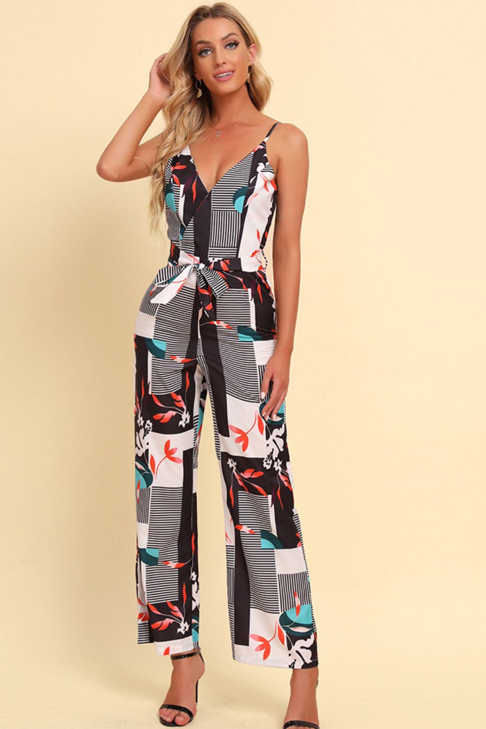 swvws Printed Spaghetti Strap Tied Jumpsuit