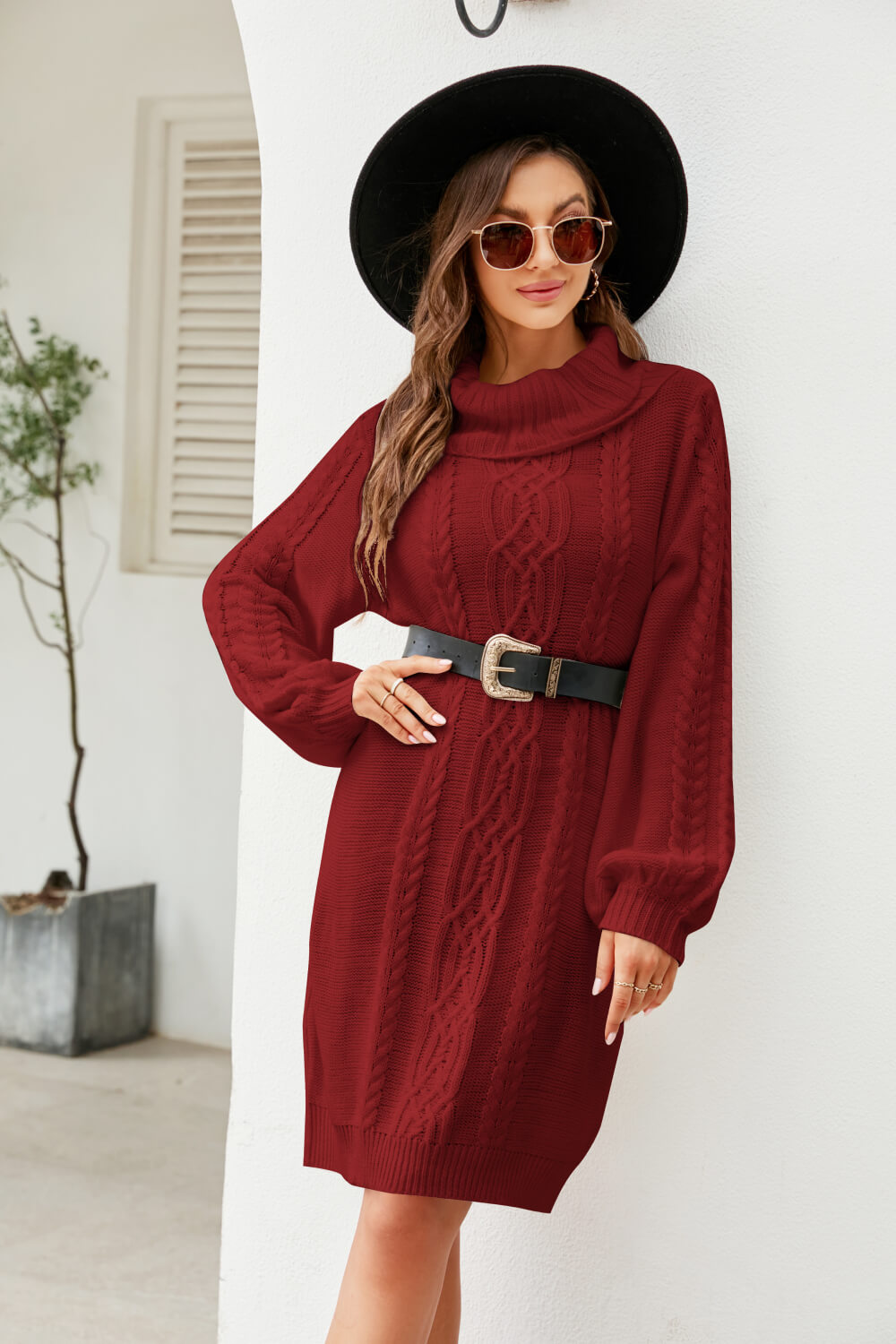 swvws Mixed Knit Turtleneck Lantern Sleeve Sweater Dress