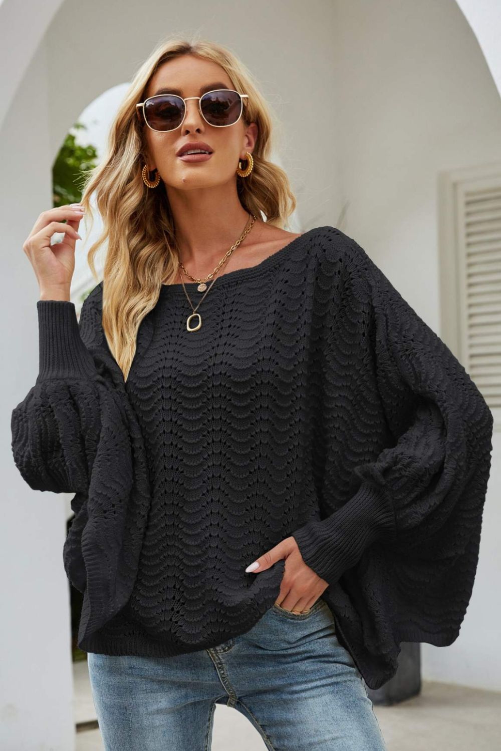 swvws Openwork Boat Neck Dolman Sleeve Sweater