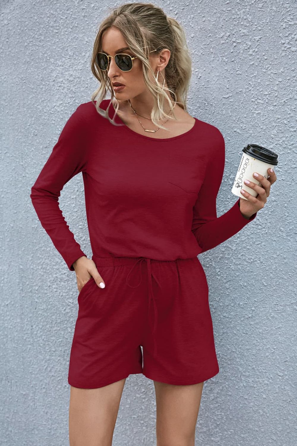 swvws Drawstring Waist Long Sleeve Romper