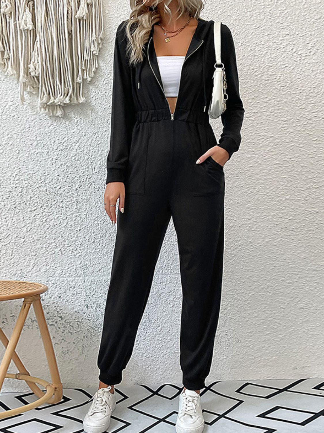 swvws Zip Up Elastic Waist Hooded Jogger Jumpsuit