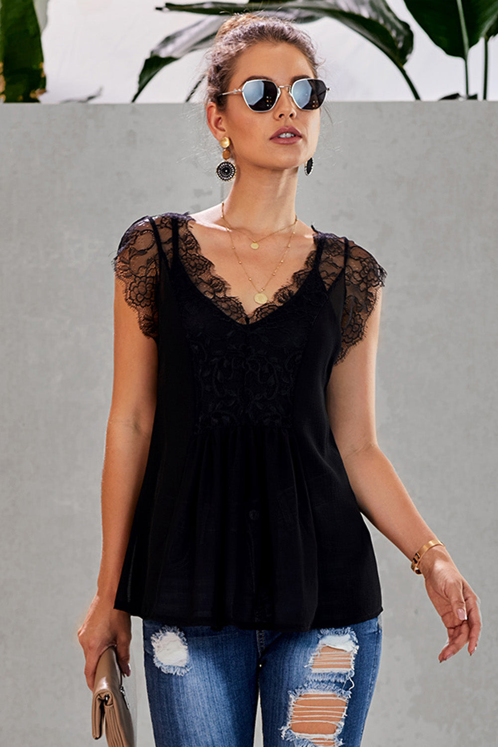 swvws Eyelash Trim Spliced Lace V-Neck Tank