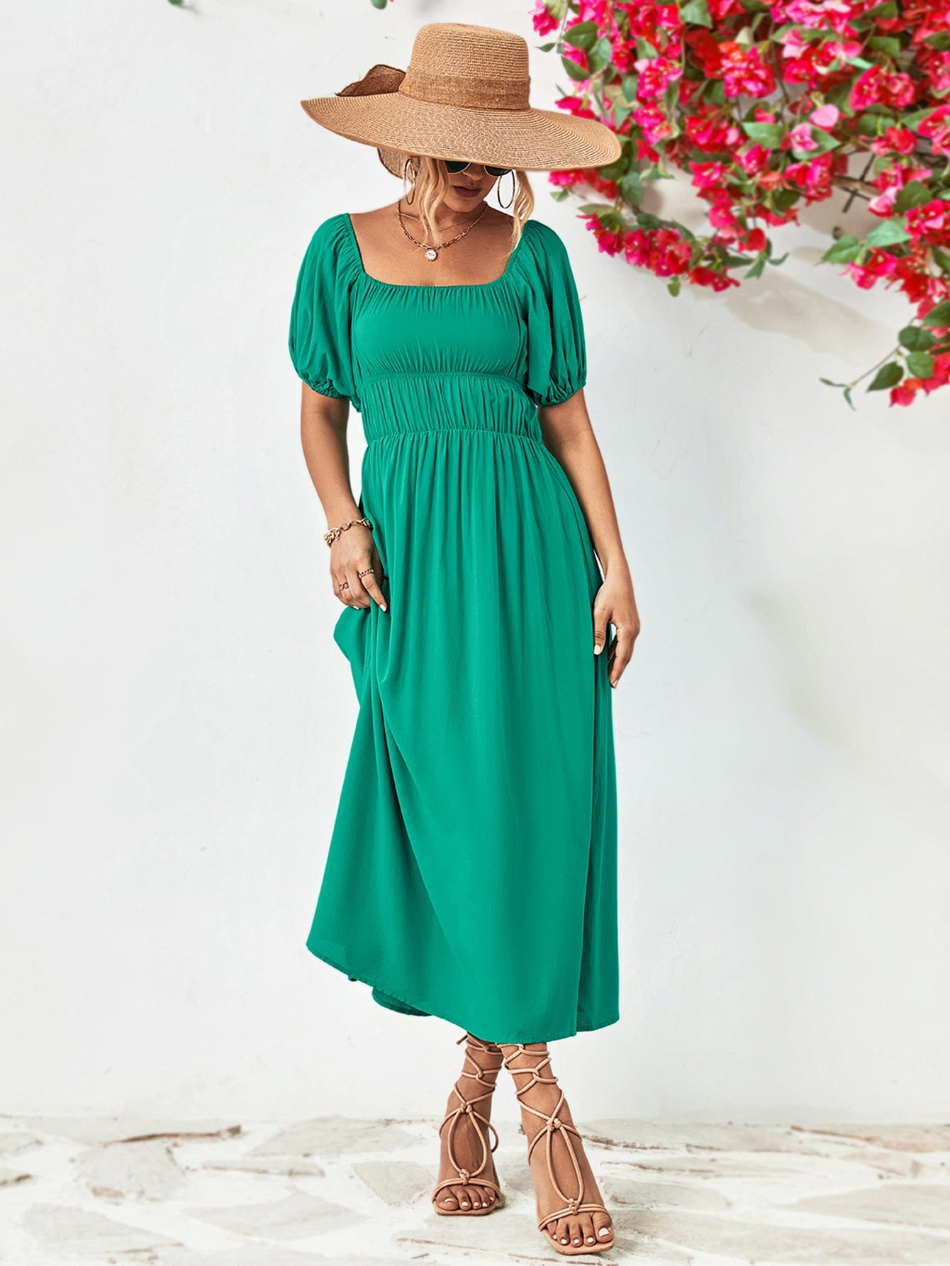 swvws Off-Shoulder Balloon Sleeve Midi Dress