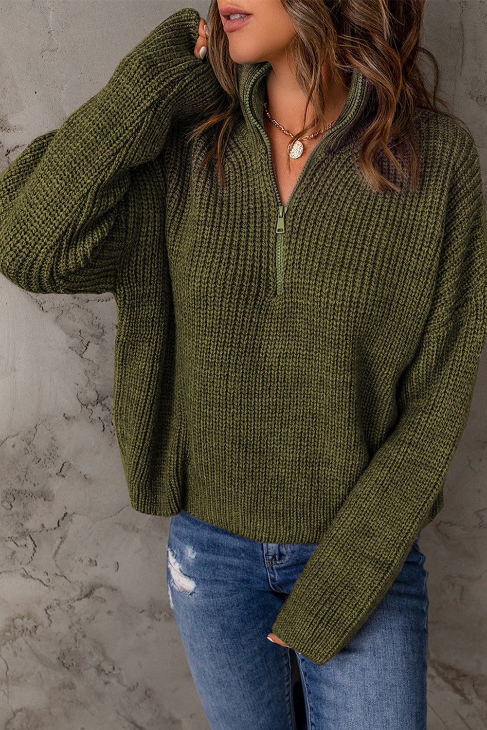 swvws Half Zip Rib-Knit Dropped Shoulder Sweater