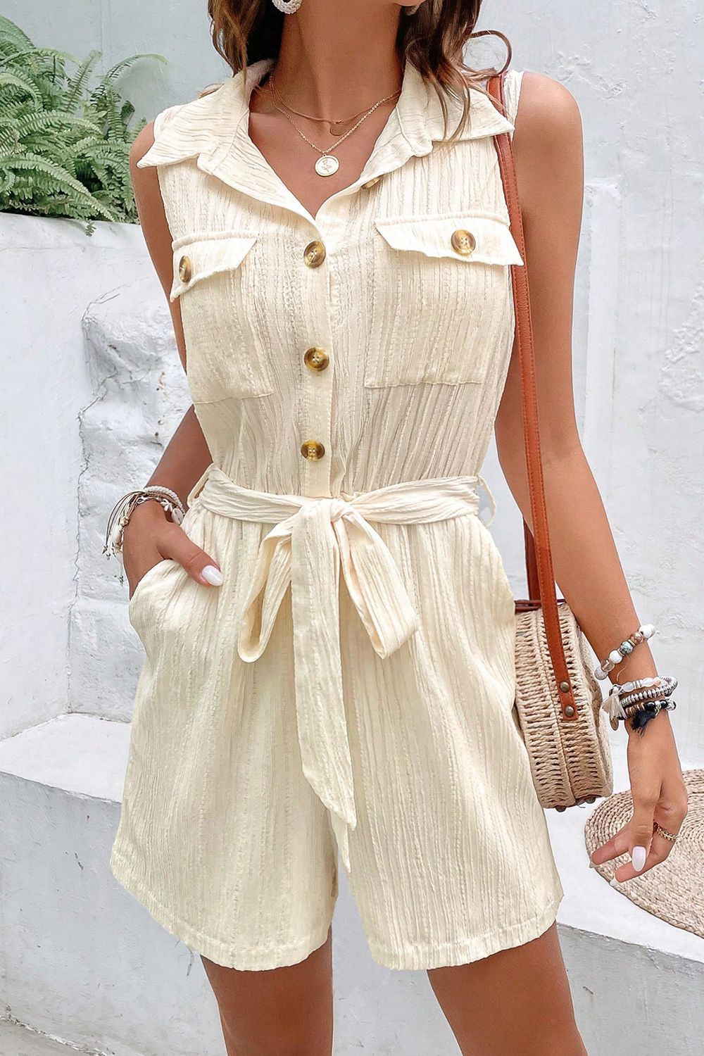 swvws Collared Neck Buttoned Tie Waist Sleeveless Romper