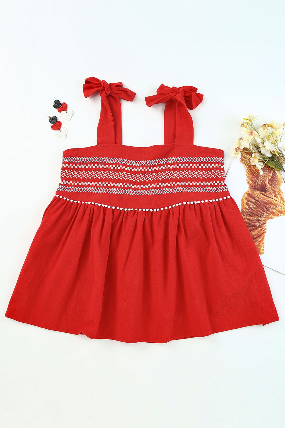 swvws Embroidered Tie-Shoulder Babydoll Tank