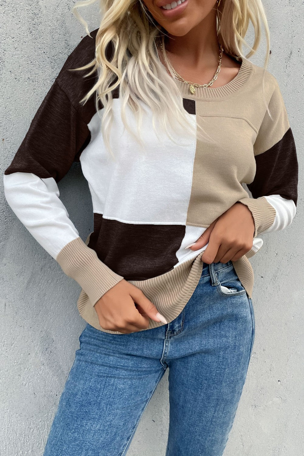 swvws Color Block Ribbed Trim Round Neck Knit Pullover