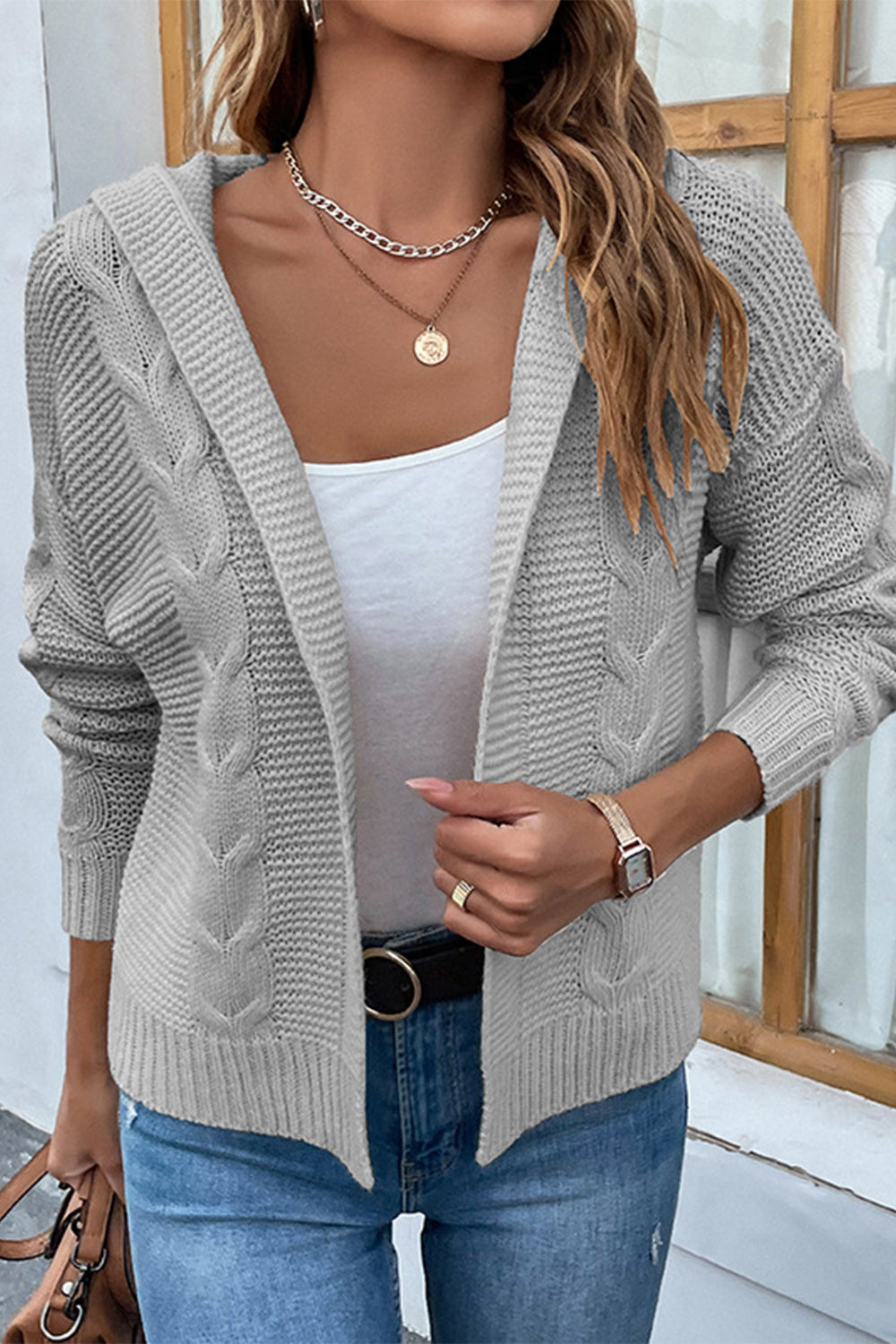 swvws Cable-Knit Dropped Shoulder Hooded Cardigan