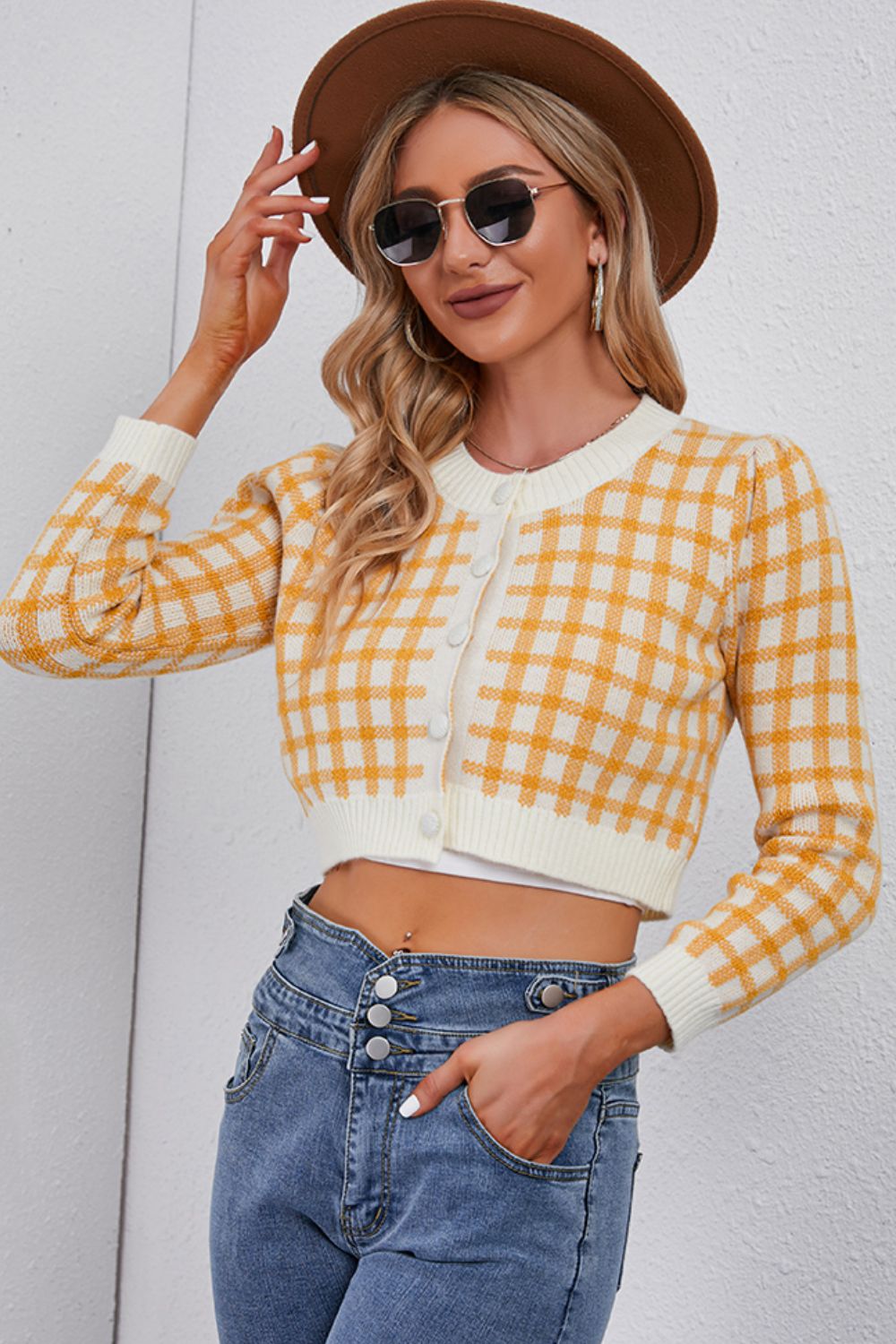 swvws Plaid Buttoned Cropped Cardigan