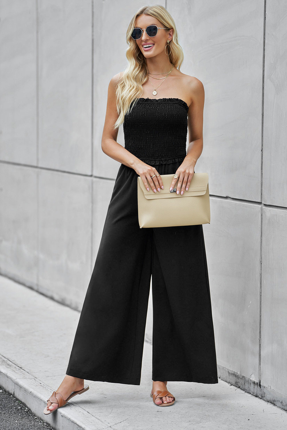 swvws Straight Neck Smocked Jumpsuit