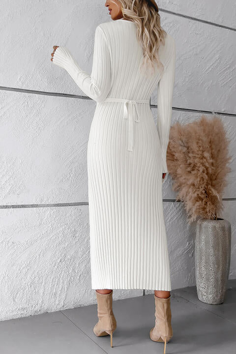 swvws V-Neck Long Sleeve Ribbed Sweater Dress