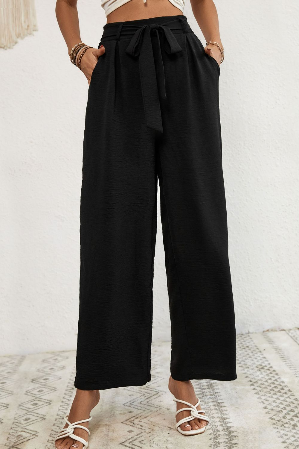 swvws Belted Pleated Waist Wide Leg Pants