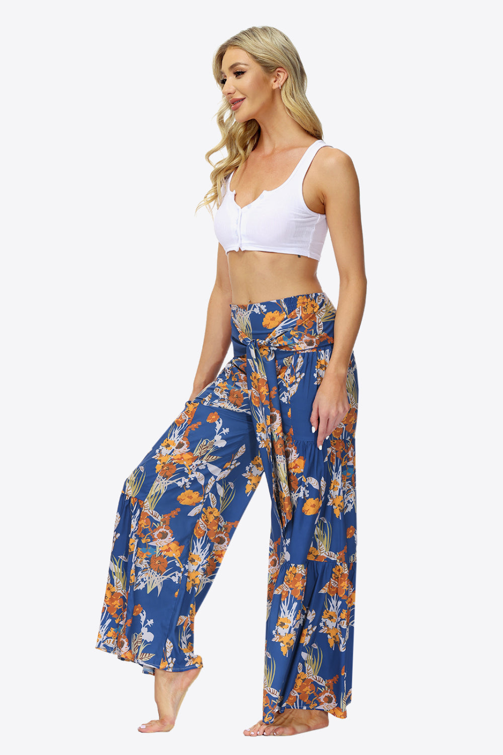 swvws Floral Tie-Waist Tiered Culottes