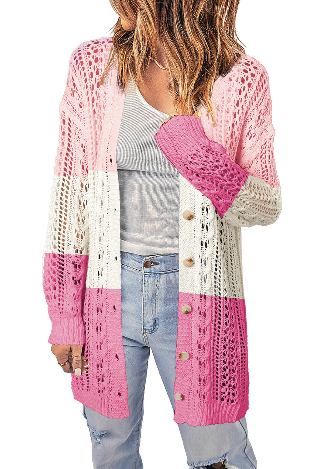 swvws Openwork Ribbed Cuff Longline Cardigan