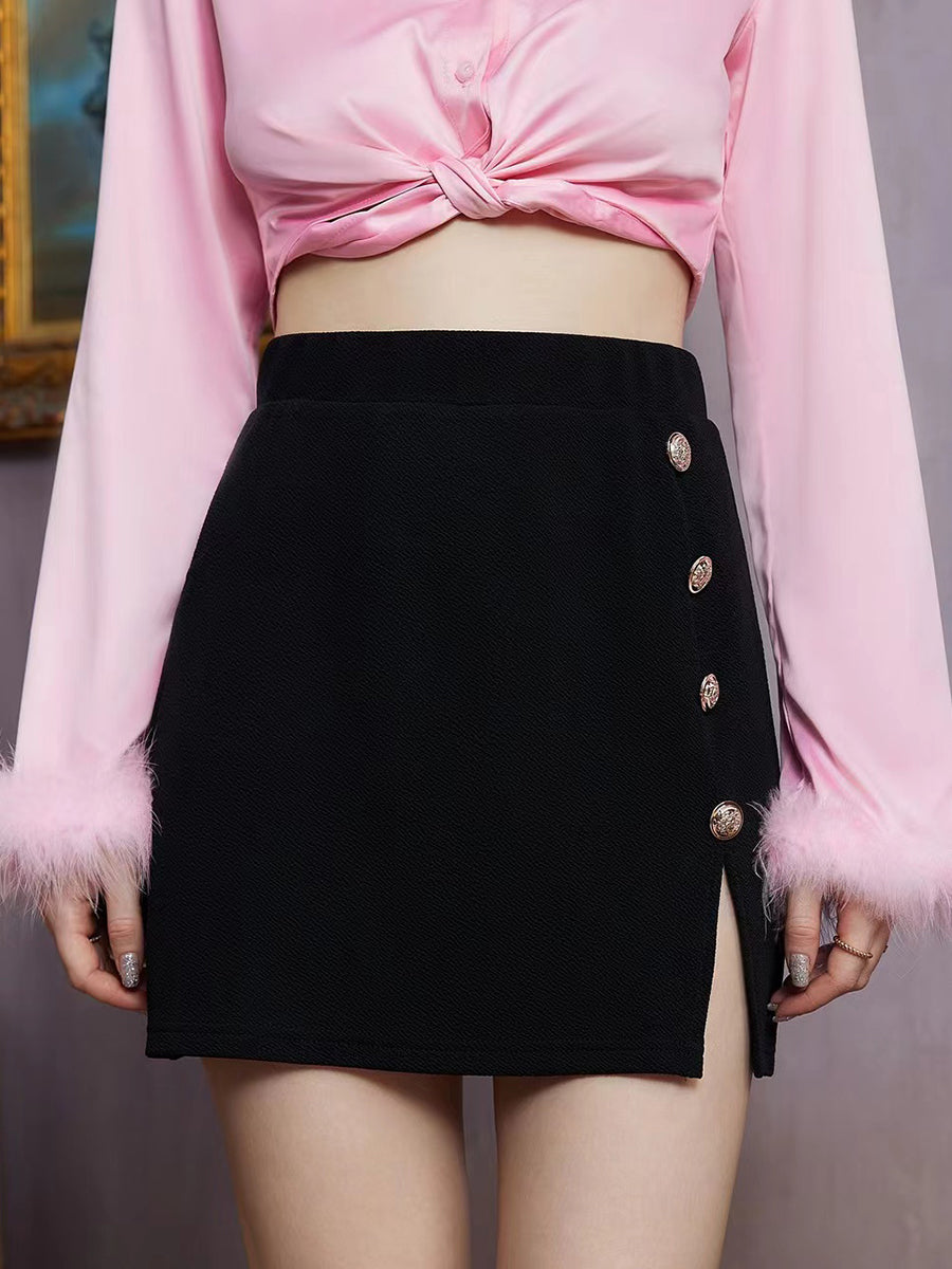 themeisles Decorative Button Slit Mini Skirt