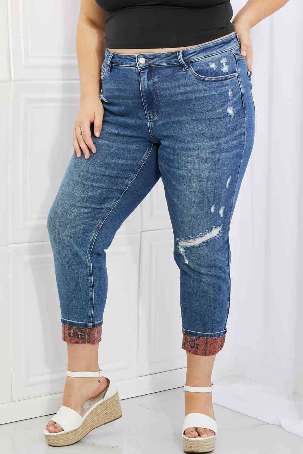 swvws Judy Blue Gina Full Size Mid Rise Paisley Patch Cuff Boyfriend Jeans