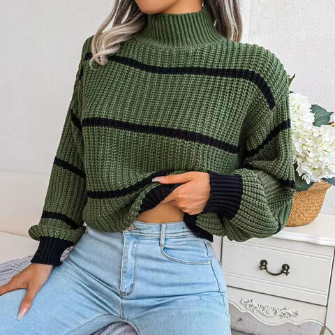 swvws Striped Mock Neck Dropped Shoulder Sweater